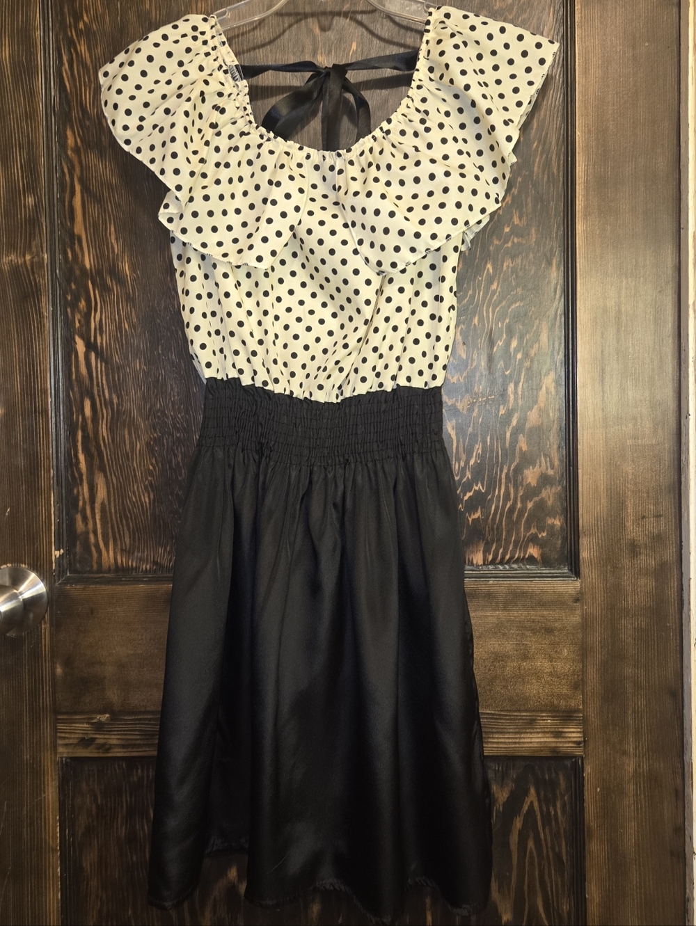 "Finejo" Polka Dot Ruffle Top Black Skirt Dress